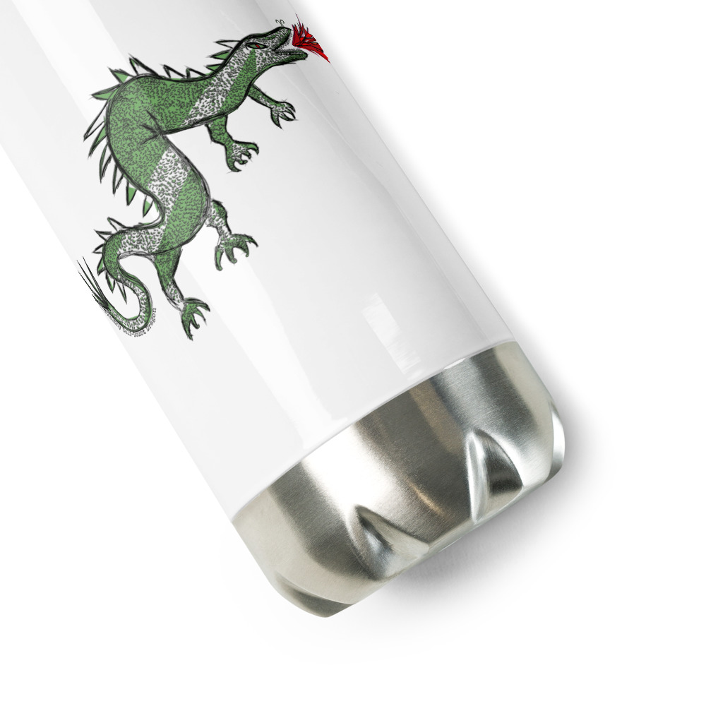 White background photo of white and silver water bottle with an image of a pen-sketched cartoon green and white dragon breathing pen-sketched red and orange fire. 